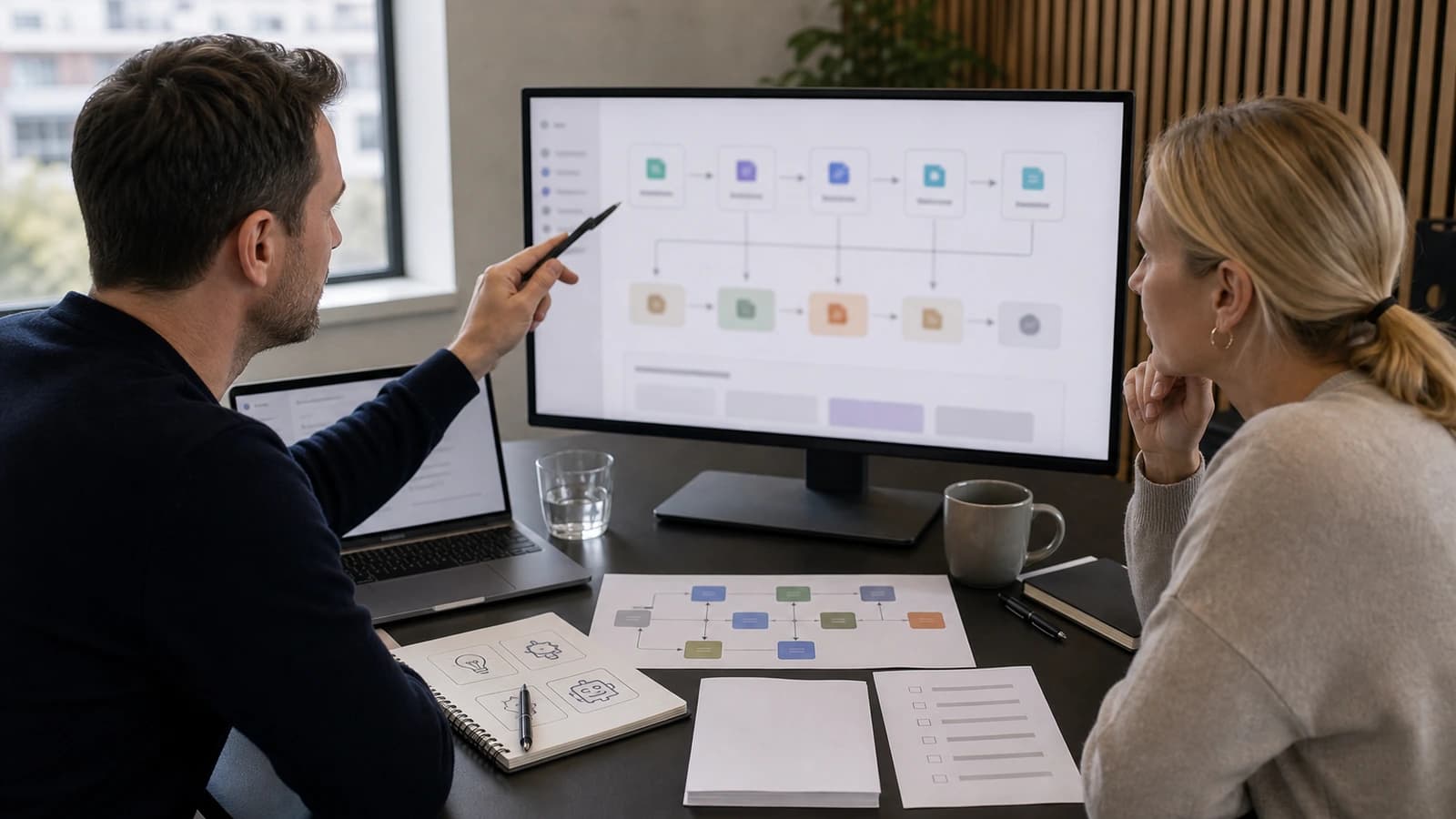 Business owner comparing AI tools and internal needs at the desk