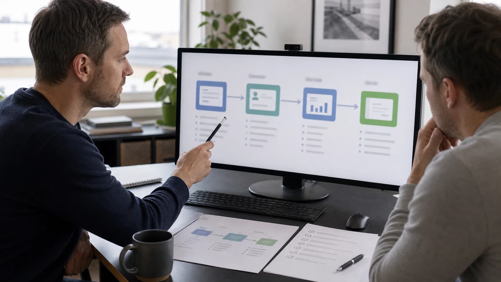 Business owner and developer looking at a flow between website form, CRM and accounting on screen