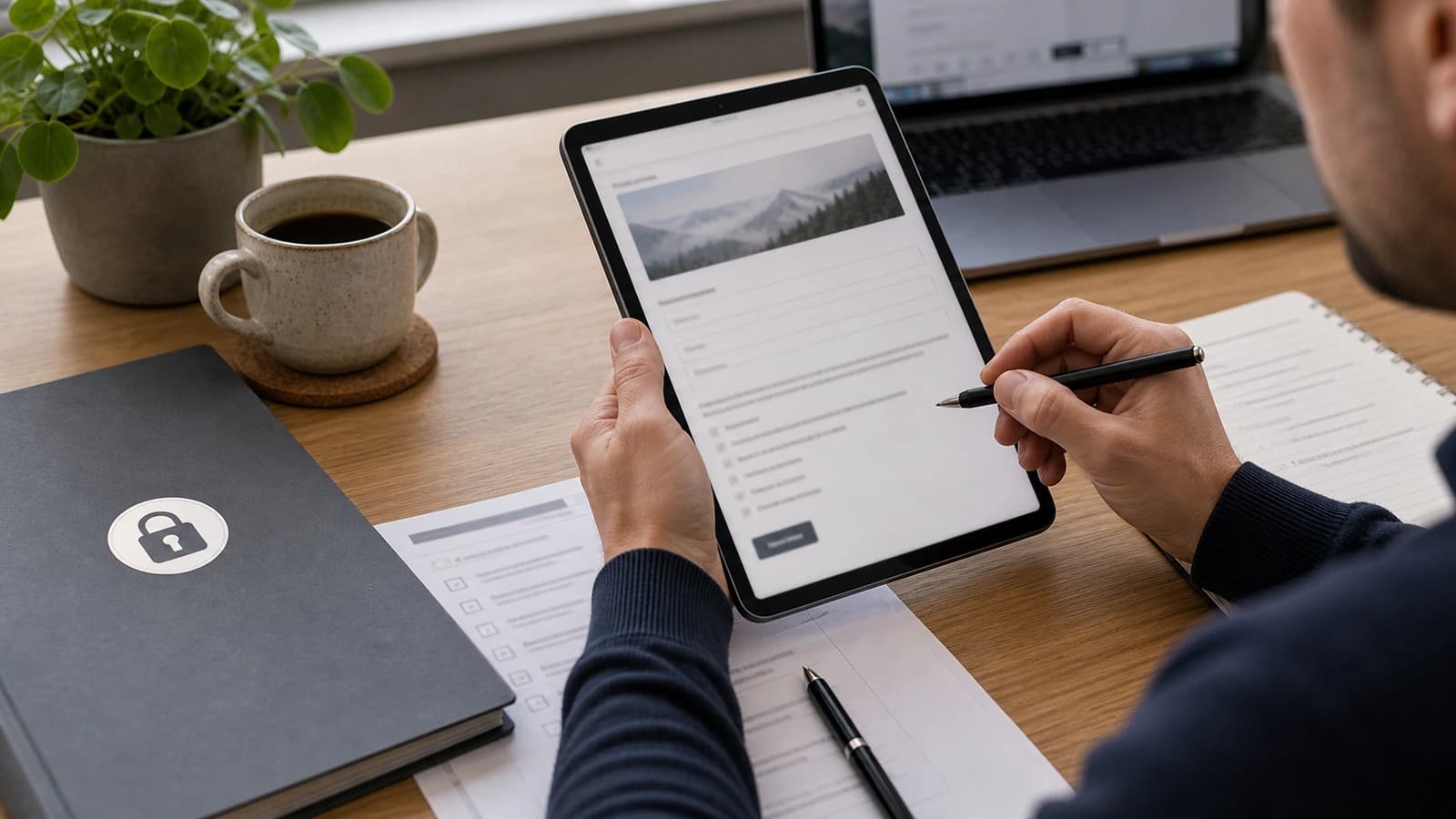 Hands reviewing contact form and privacy text on tablet with GDPR checklist