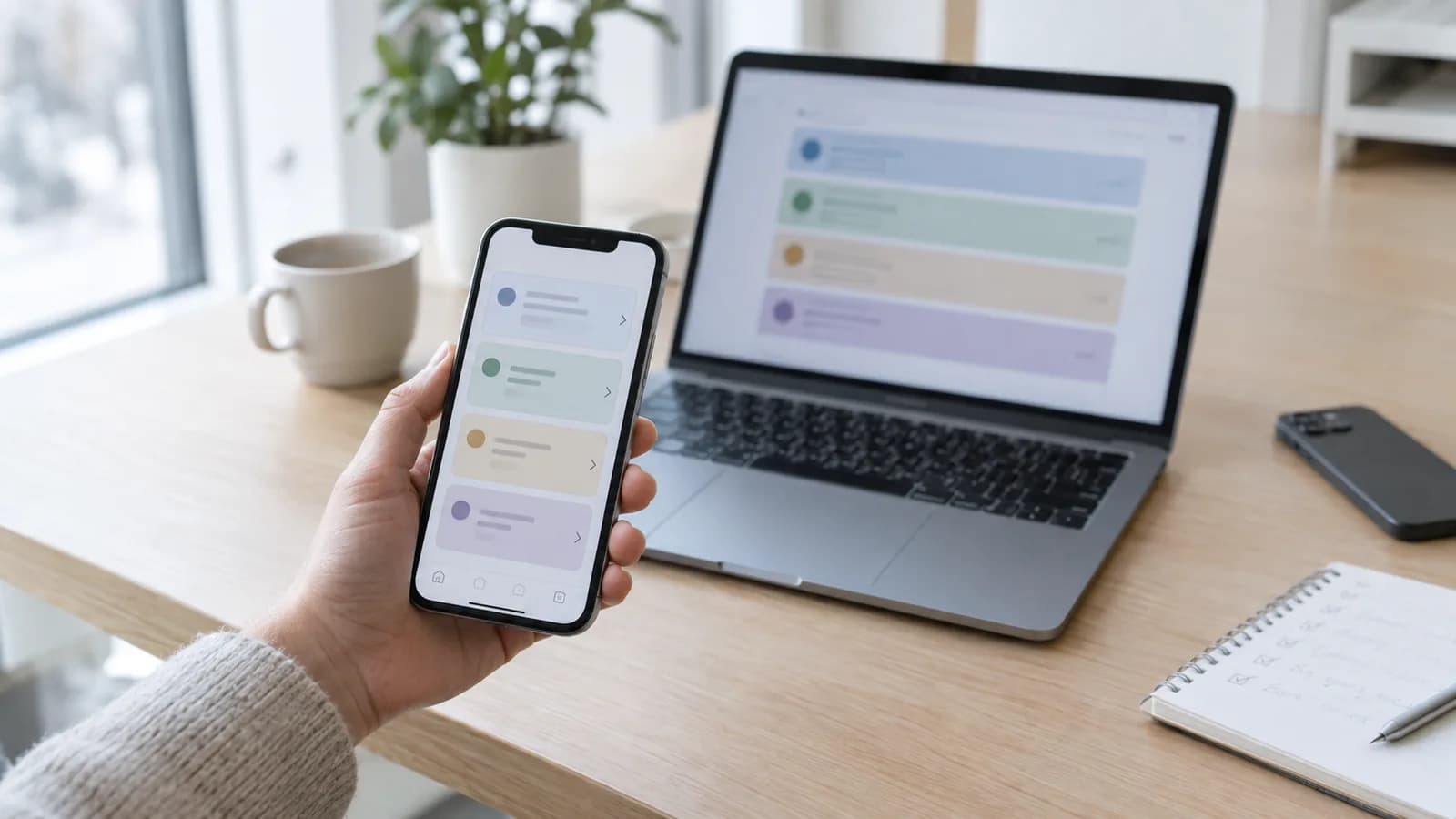 Telefon med testversjon av app ved siden av laptop med utgivelsesoversikt på kontorpult