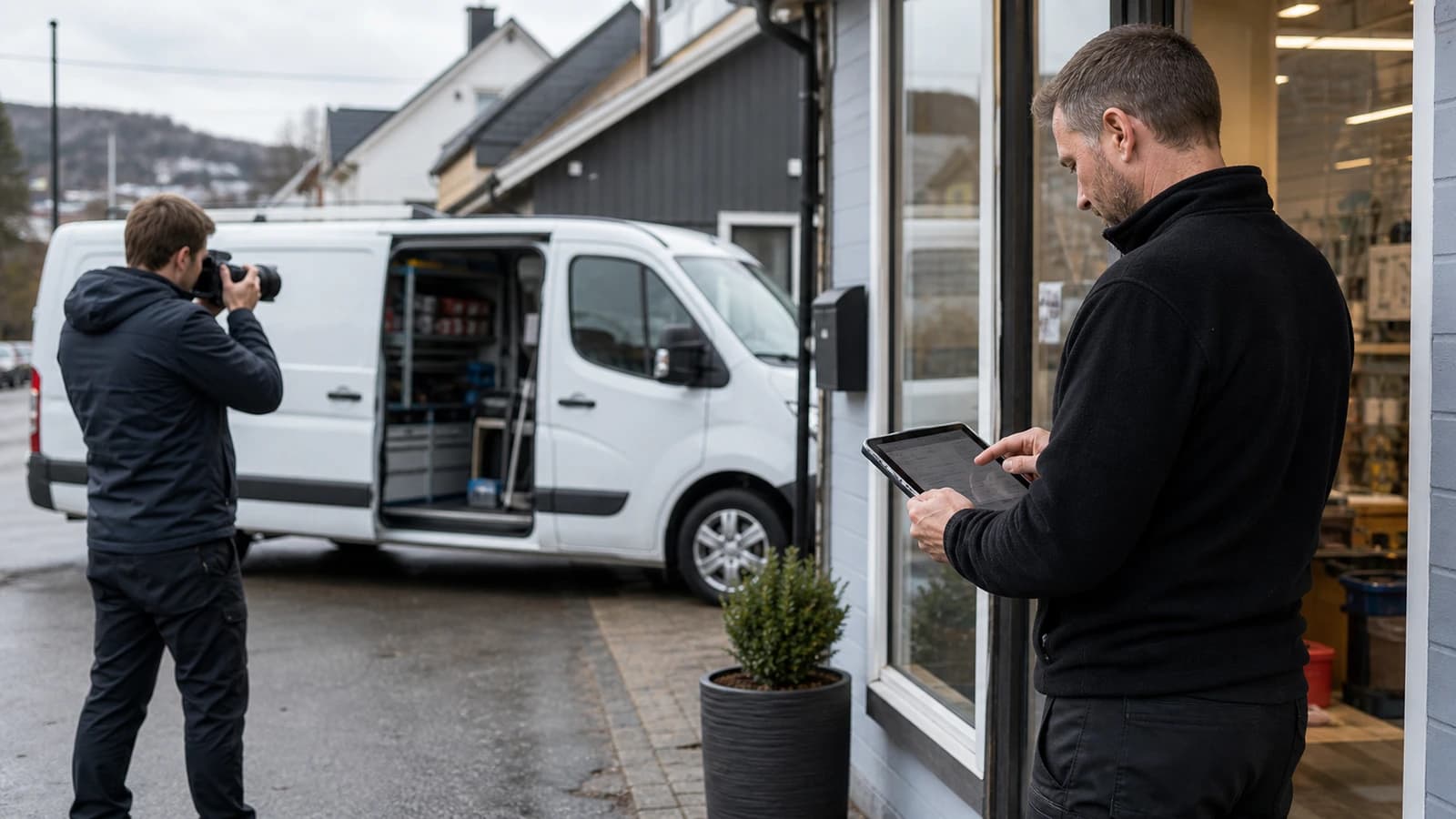Photographer taking new photos of a local Norwegian service vehicle and storefront for better Google Business Profile