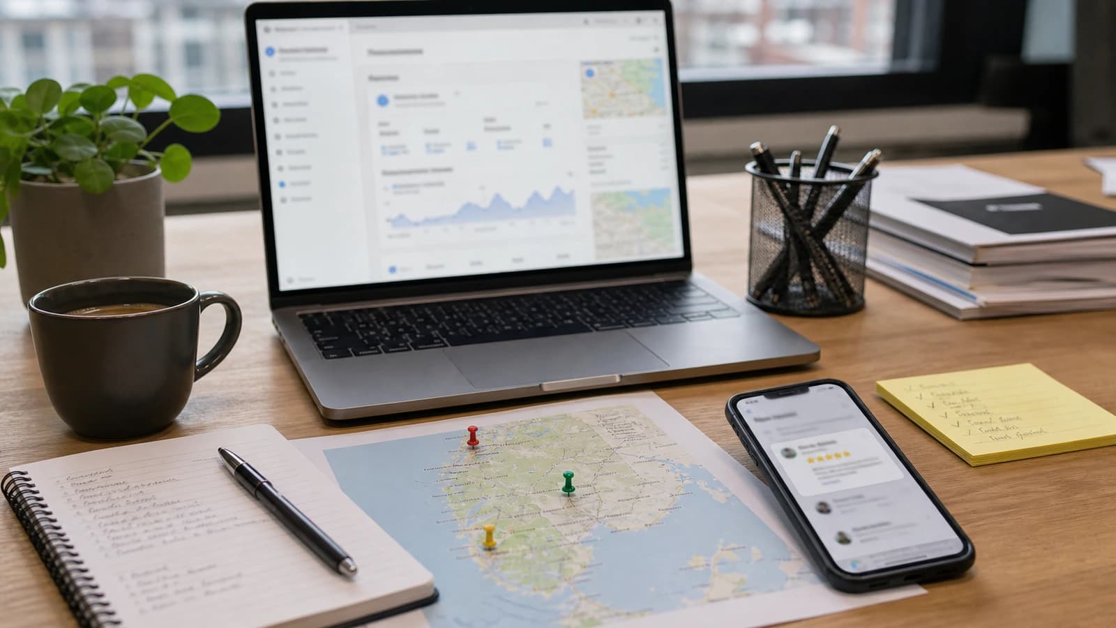 Laptop with Google Business Profile, mobile with review and local search map on desk