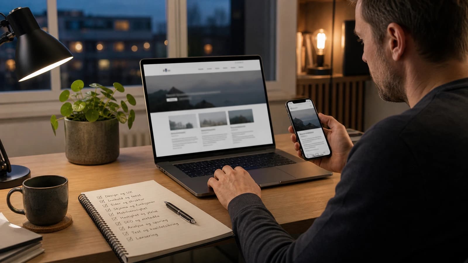 Utvikler tester nettside før lansering med sjekkliste for design, skjema, fart og analytics