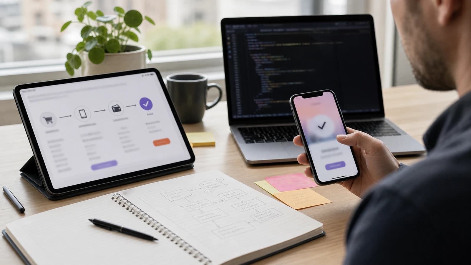 Phone and tablet testing a payment flow with API notes and laptop on desk