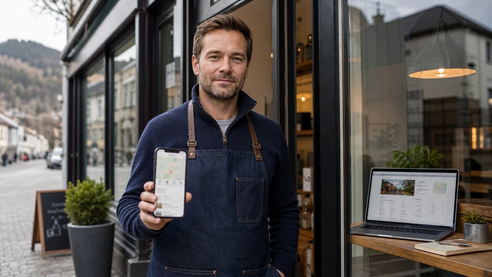 Local Norwegian business owner checking map listing and Google Business Profile on mobile